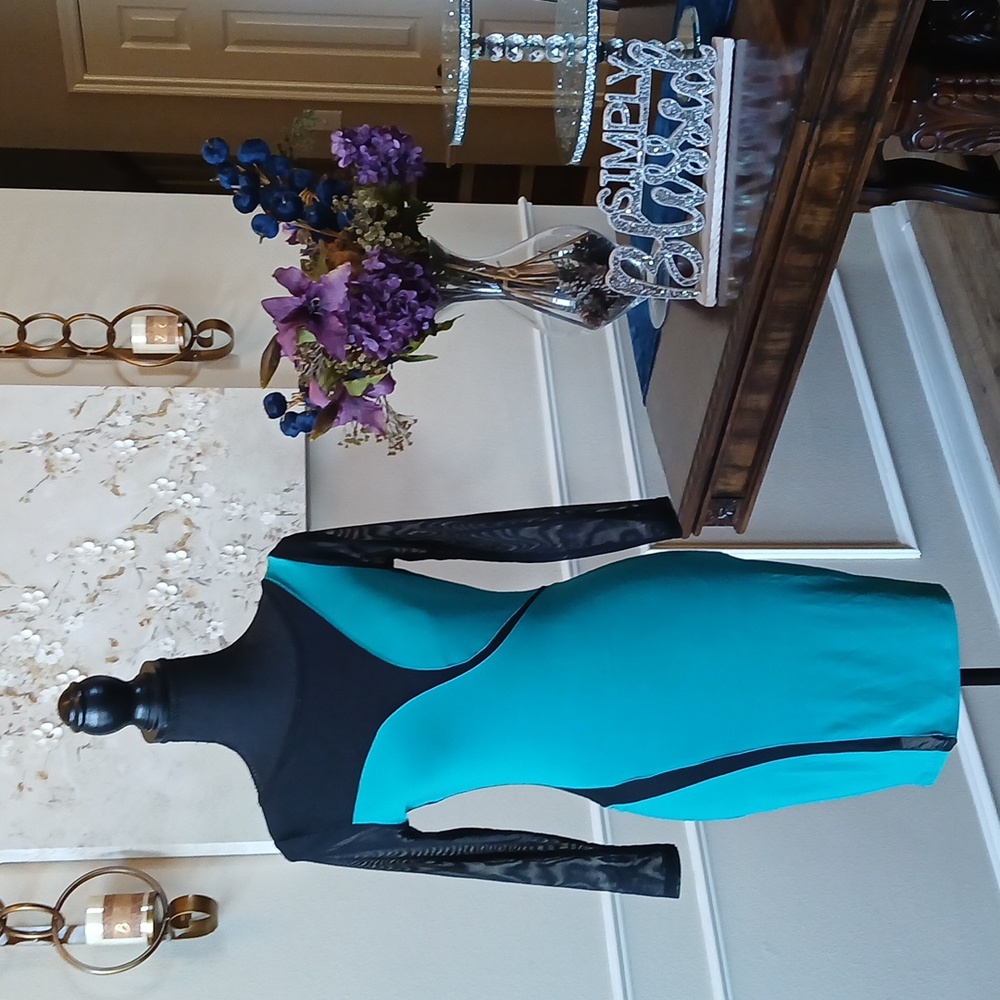 Frederick's of Hollywood Cocktail Teal Sheer Illusions Mini Dress. Size M - Picture 11 of 17